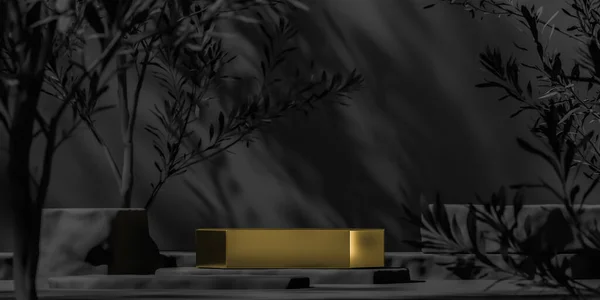 Ürün sunumu için altın platform, Mockup siyah sahne ve güneşlik gölgeler, ürün sunumu veya reklamlar için soyut arka plan. 3d oluşturma