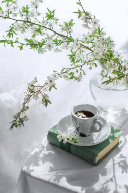 Romantik bir bahar sabahının atmosferi. Bir vazoda çiçek açan dallar, bir kitap ve Provence tarzı bir bahçede beyaz bir masada bir fincan kahve. İç mekan. Yaşam tarzı