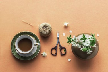 Vazoda bahar çiçekleri ve bej rengi sağlam bir arka planda bir fincan kahve. Samimi bir kompozisyon. Yaşam tarzı..