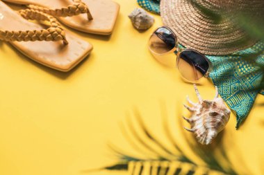 Plaj aksesuarlarıyla dolu parlak bir yaz geçmişi. Plaj terlikleri, güneş gözlükleri, hasır şapka ve deniz kabukları. Kopyalama alanı olan düz.