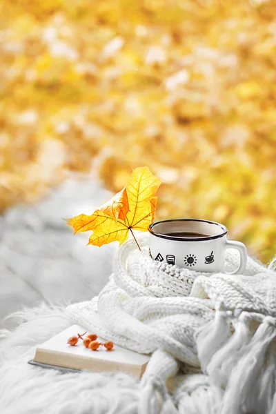 Autumn Morning Cup Coffee Hot Tea Open Book Warm Sweater — Stock Photo, Image