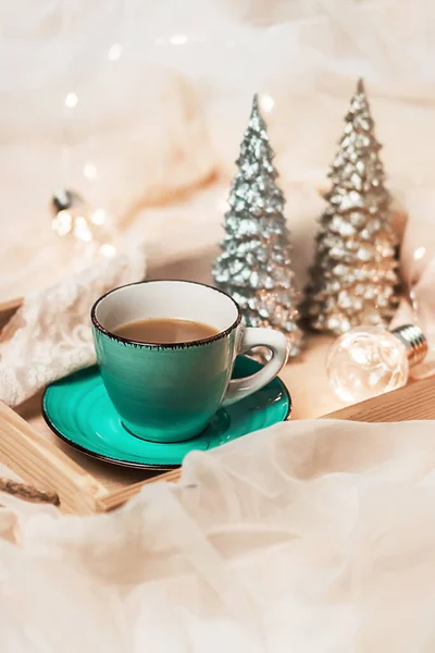 Morning Coffee Cozy Winter Composition Cup Coffee New Year Decor — Stock Photo, Image