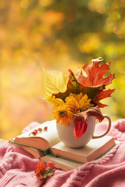 Autumn Background Bouquet Autumn Leaves Flowers Cup Open Book Bright — Stock Photo, Image