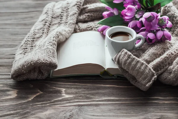 Morning Coffee Cup Coffee Wooden Table Open Book Warm Sweater — Stock Photo, Image