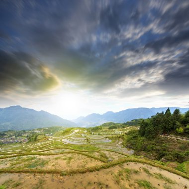 Mountains terraced landscape with clouds