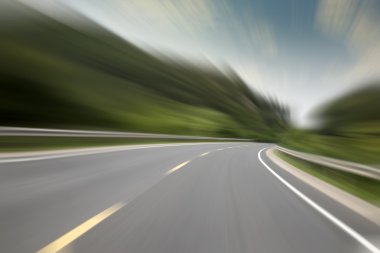 highway road with wood trees