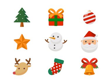Kartlar, reklamlar, etiketler, işaretler, semboller için Noel sevimli karikatür simgeleri.