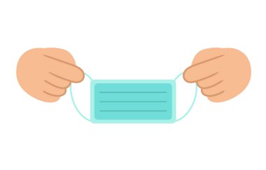 Eller vektör düz çizim tarzında bir yüz maskesi tutuyor. Vücudu virüslerden, bakterilerden, hastalıklardan ve koronavirüsten veya Covid-19 'dan koruyun. Hijyenik.