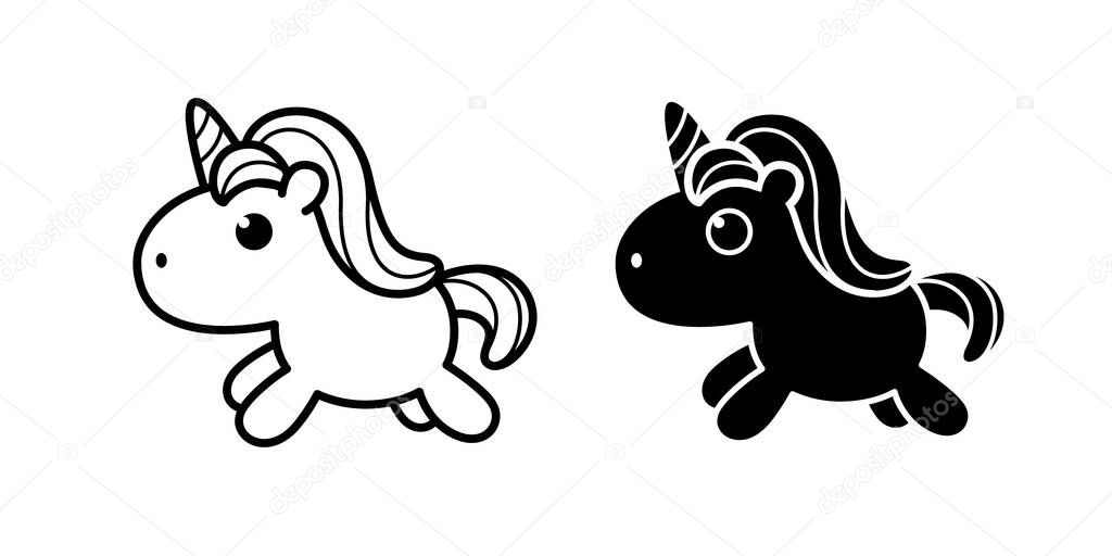 Cute pony unicorn in flat black and white doodle styles. Cute doodle vector illustration.
