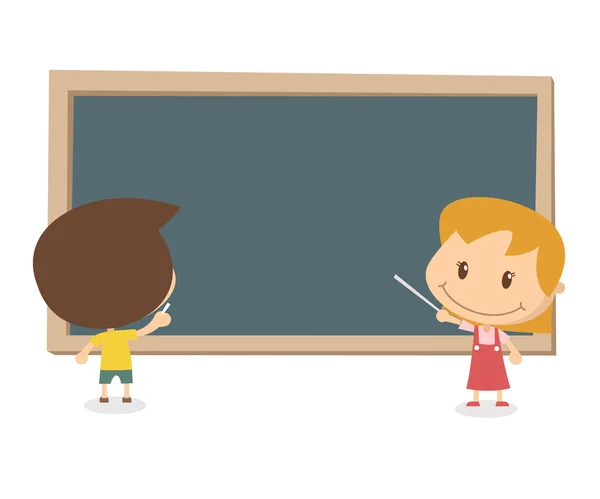 Kids activity. Kids are pointing to the blackboard. Back to school. — Stock Vector