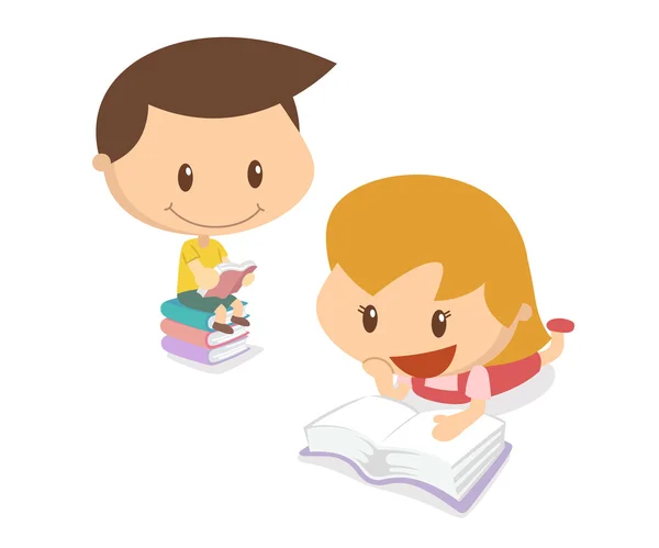 Gyerekek akcióban. Egy fiú és egy lány olvas könyveket. — Stock Vector