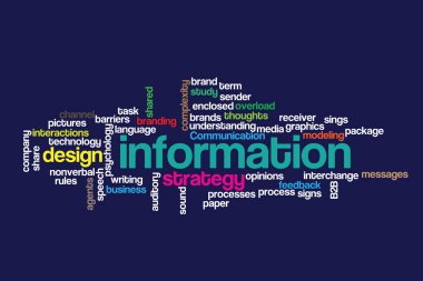 Bilgiler. Siyah arka planda kelime kolajı. Vektör illüstrasyonu.