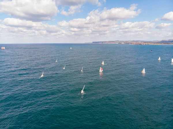 Aerial view of a group of sailing boats in the sea on a sunny day on the coast with a sky with cumulus clouds