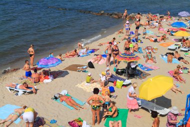 İnsanlar aileler üzerinde Baltık Denizi'nin kıyısında kumlu dinlen