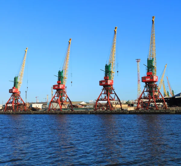 Guindastes Portal no porto de comércio marítimo de Kaliningrado — Fotografia de Stock
