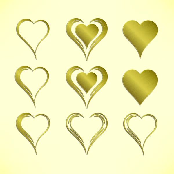 Set of nine simple isolated vector hearts with golden metallic pattern — Stock Vector