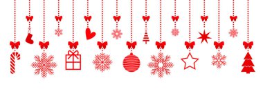 Beyaz arka plana kırmızı oyuncaklar asmak. Noel süsleri. Vektör illüstrasyonu EPS 10