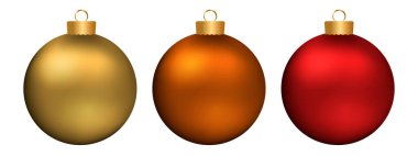 Gerçekçi altın, turuncu, kırmızı Noel topları beyaz arka planda izole edilmiş. Vektör illüstrasyonu EPS 10
