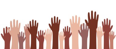 Eller yukarı! Farklı milletlerden insanlar. Vektör bayrağı elini kaldırdı. Çoklu kültürlerin ahengi. Barış İmzası Eşitlik Vektörü İllüstrasyon EPS 10