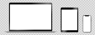 Gerçekçi dizüstü bilgisayar, tablet, telefon seti şeffaf bir arkaplanda. Tasarımınız için boş ekran modeli. Vektör grafik EPS 10