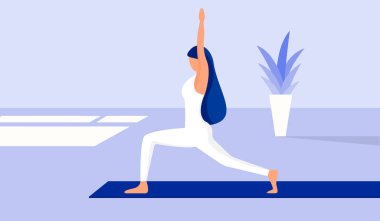 Evde yoga yapan bir kadın tasviri. Karantinada yoga dersleri. Yoga, meditasyon, rahatlama kavramı. Stock vektör illüstrasyonu EPS 10.