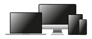 Realistic mockups of devices on a white background with black screens. Vector mockup of phone, tablet, laptop and computer in silver color for your design. Vector EPS 10