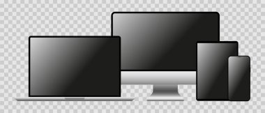 Şeffaf bir arkaplanda gerçekçi cihazlar. Tasarımınız için telefon, tablet, dizüstü bilgisayar ve dizüstü bilgisayarın vektör modeli. Vektör EPS 10