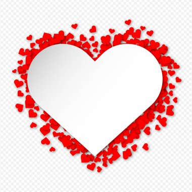 Arka planda, izole edilmiş bir zemine yazdığın yazılar için kırmızı kalpler olan büyük bir kalp şeklinde. Sevgililer Günü için arka plan. Sevgililer Günü için vektör arkaplan şablonu.