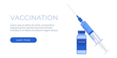 Beyaz zemin üzerinde Covid-19 aşısı olan yatay vektör pankartı. Aşıyla birlikte şırınga ve ampul. Vektör illüstrasyonu EPS 10