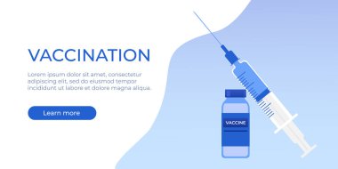 Beyaz zemin üzerinde Covid-19 aşısı olan yatay vektör pankartı. Aşıyla birlikte şırınga ve ampul. Vektör illüstrasyonu EPS 10