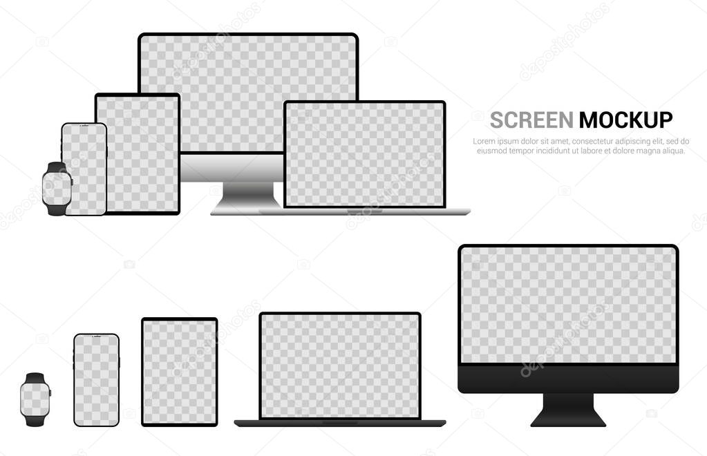 Realistic mockups of devices on a isolated background. Vector set of phone, tablet, laptop, computer and Apple watches for your design. Vector EPS 10