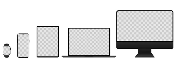 Realistische Attrappen Von Geräten Auf Isoliertem Hintergrund Mit Transparenten Bildschirmen — Stockvektor