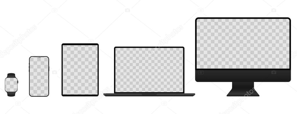 Realistic mockups of devices on isolated background with transparent screens. Vector mockup of phone, tablet, laptop, computer and clock for your design. Vector EPS 10