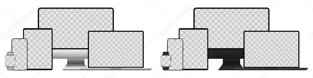 Realistic mockups of devices on an isolated background. Vector set of phone, tablet, laptop, computer andwatches in different colors for your design. Vector EPS 10