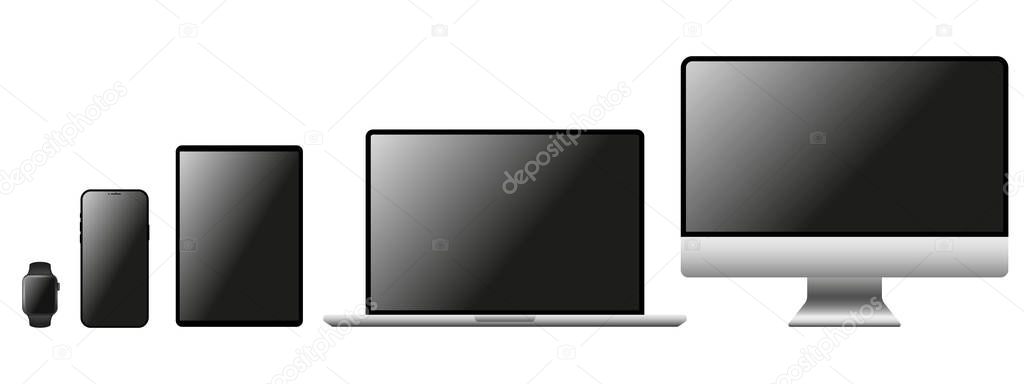 Realistic mockups of devices on a white background with transparent screens. Vector mockup of phone, tablet, laptop, computer and clock in silver color for your design. Vector EPS 10