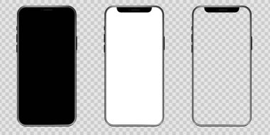 Şeffaf arka planda boş ekranları olan gerçekçi bir telefon modeli. Modern popüler telefonlar. Tasarımın için bir model. Vektör grafik EPS 10