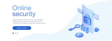 Ağ veri güvenliğinin izometrik illüstrasyonlu vektör pankartı. Çevrimiçi sunucu koruma sistemi kavramı. Web siteniz için vektör pankartı. Stock illüstrasyon EPS 10