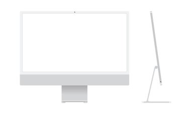 İzole edilmiş arkaplanda gümüş renkli yeni iMac 24 'ün gerçekçi maketleri. Apple iMac seti. Önde yeni bir Mac var. Vektör EPS 10