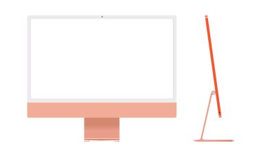 Yeni iMac 24 'ün turuncu renkli gerçekçi maketleri izole bir arka planda. Apple iMac seti. Önde yeni bir Mac var. Vektör EPS 10