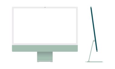 Yeni iMac 24 'ün gerçekçi maketleri izole edilmiş arka planda. Apple iMac seti. Önde yeni bir Mac var. Vektör EPS 10