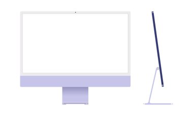 İzole edilmiş arkaplanda mor renkli yeni iMac 24 'ün gerçekçi maketleri. Apple iMac seti. Önde yeni bir Mac var. Vektör EPS 10