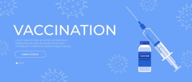 Mavi arka planda Covid-19 aşısı olan yatay vektör pankartı. Aşı konsepti tasarımı. Aşıyla birlikte şırınga ve ampul. Vektör illüstrasyonu EPS 10