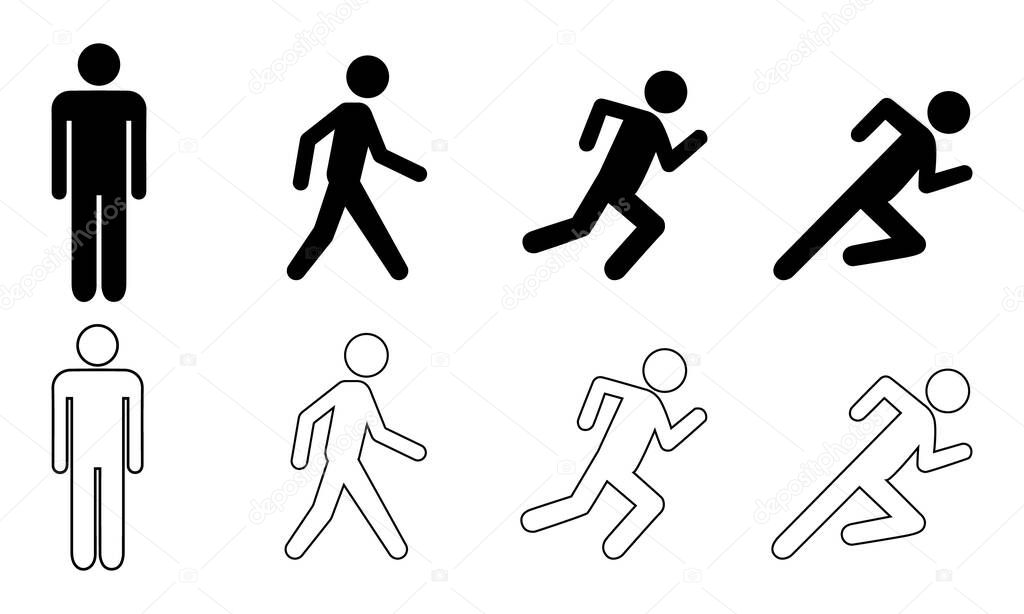Man stands, walk and run icon set . People symbol. Silhouette of a man on an isolated background. Stock illustration EPS 10