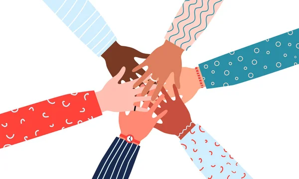 Vector Illustration Hands Diverse Group People Together Concept Unity Teamwork — Stock Vector