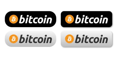 Vektör Bitcoin ödeme düğmesi. İzole edilmiş arka planda Bitcoin dünya kripto para birimi logosu. Amblem, çıkartma, tasarımın için düğme. Hisse vektörü EPS 10