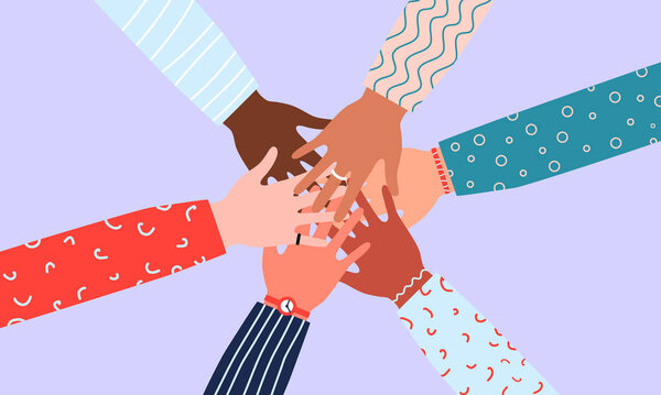 Векторная иллюстрация рук разных людей вместе. Концепция единства, командной работы, сотрудничества, взаимодействия в компании. Фондовая иллюстрация в плоском стиле. Векторная EPS 10