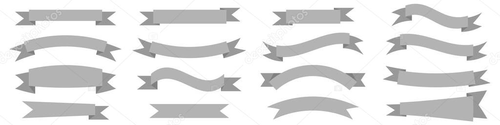 Vector set of gray ribbons for your design. Gray flat ribbons of different shapes on an isolated background. Stock vector EPS 10