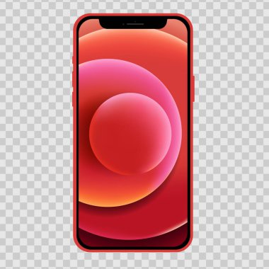 Gerçekçi iPhone 12 modeli kırmızı ve sıçrama ekranı var. Tasarımınız için saydam bir arkaplanda akıllı telefon. Stock illüstrasyon EPS 10