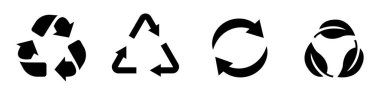 Simge koleksiyonunu geri dönüştür. Geri dönüşüm işaretlerini izole edilmiş arkaplanda siyah renge ayarla. Geri dönüşüm vektör sembolü. Stock illüstrasyon EPS 10