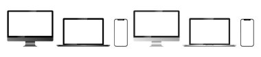İzole edilmiş bir arka planda Apple aygıtlarının gerçekçi modelleri. Telefon, tablet, dizüstü bilgisayar vektör seti. Boş ekran maketi, koyu ve gümüş tasarım. Vektör EPS 10